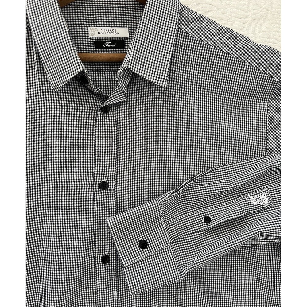 Versace Collection Trend Dress Shirt Mens 17.5/44 Black White Gingham Check